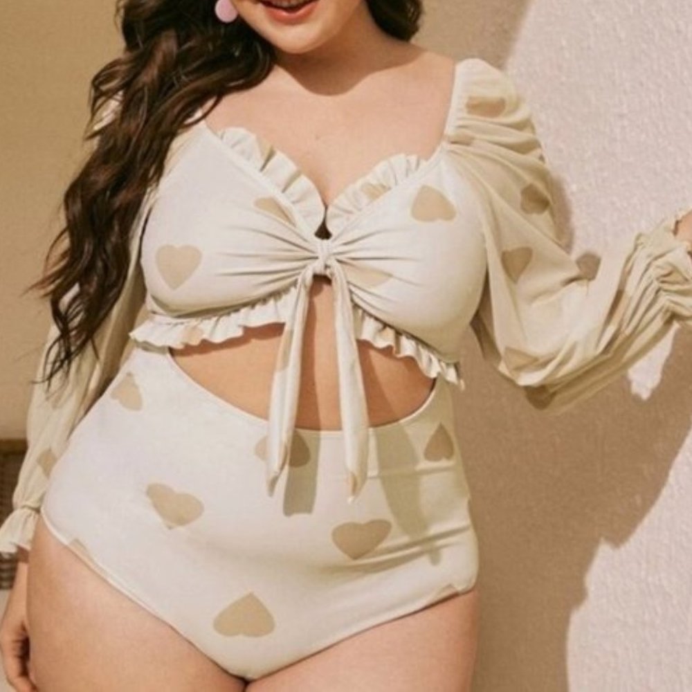 Champagne Long Sleeve Heart Design 1PC Swimsuit